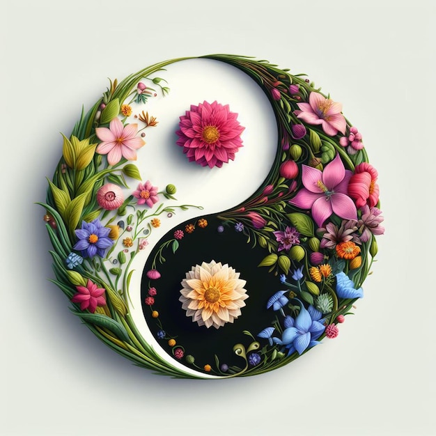 Foto simbolo 3d yin e yang fatto di fiori