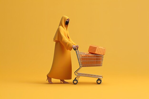 3d young arab girls character with shopping cart generative ai