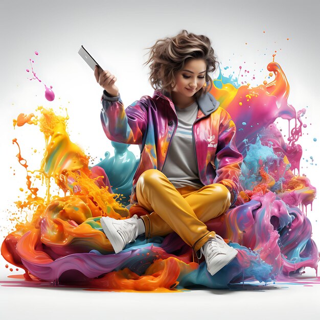 3d of young girl drawing creative expression wearing colorful smoc render on white bg isolated