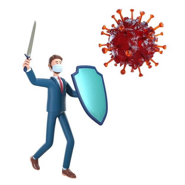 Foto 3d zakenman met ridderschild en zwaard die de bacteriën van het coronavirus bestrijden.