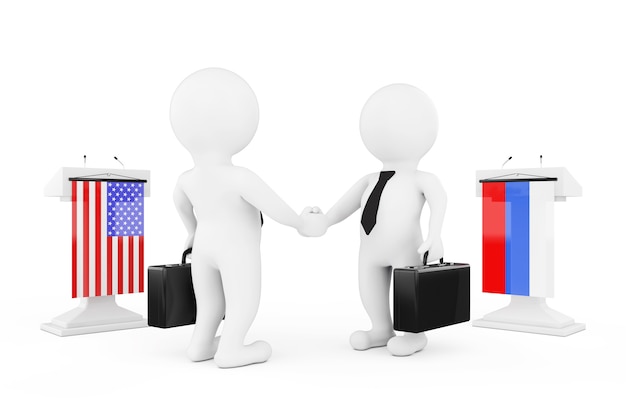 3D zakenman of politici karakters handen schudden in de buurt van Tribunes met Russische en Usa vlaggen op een witte achtergrond. 3D-rendering