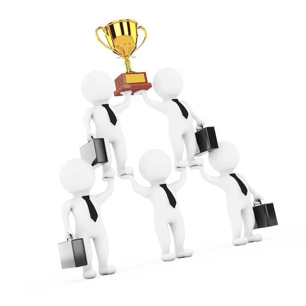 3d zakenman team karakter piramide met gouden trofee toont hiërarchie en teamwork op een witte achtergrond. 3D-rendering