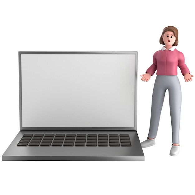 3D zakenvrouw uitvoerende pose staande met laptop tablet mobiele telefoon megafoon geïsoleerd