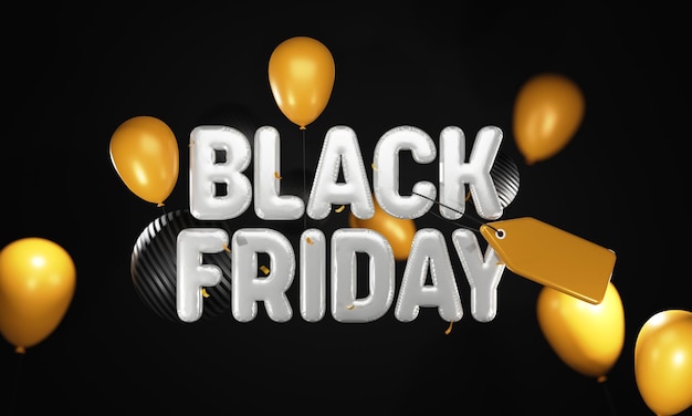 3D zilveren opblaasbare Black Friday-tekst met lege tag Realistische ballonnen en bol op zwarte achtergrond
