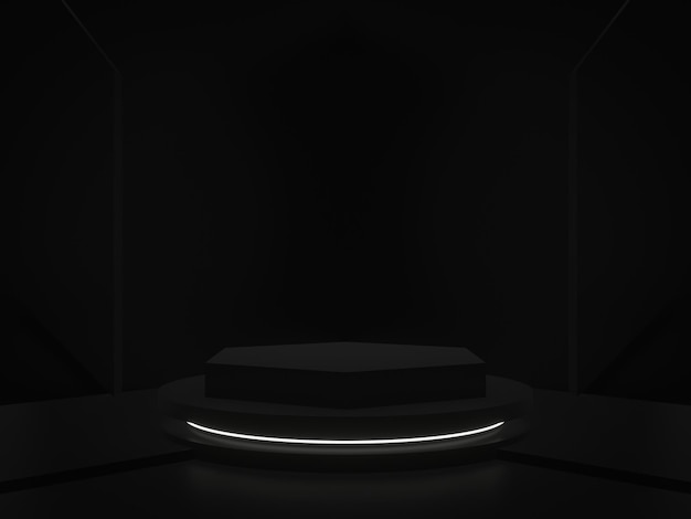 3D zwart geometrisch podium met witte neonlichten
