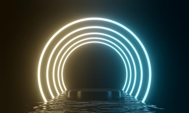 3D zwart podium met cirkel neonlichten