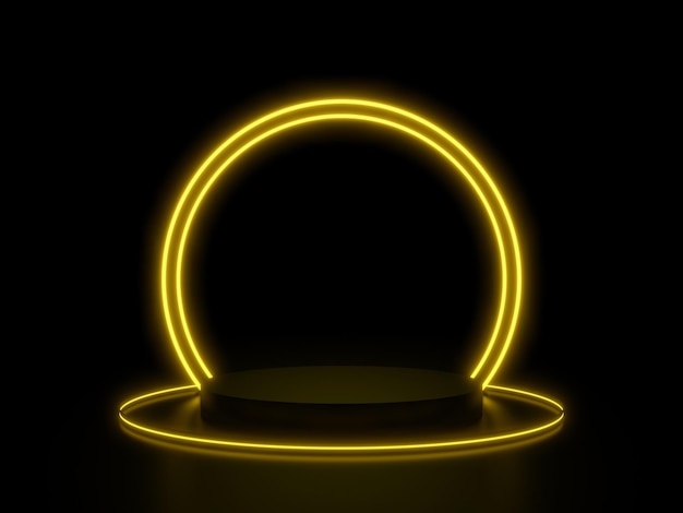 3D zwart podium met gele cirkels neonlichten
