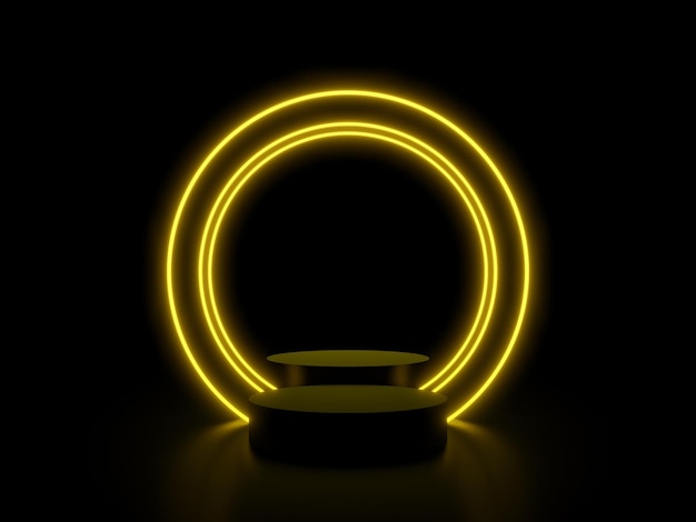 3D zwart podium met gele cirkels neonlichten