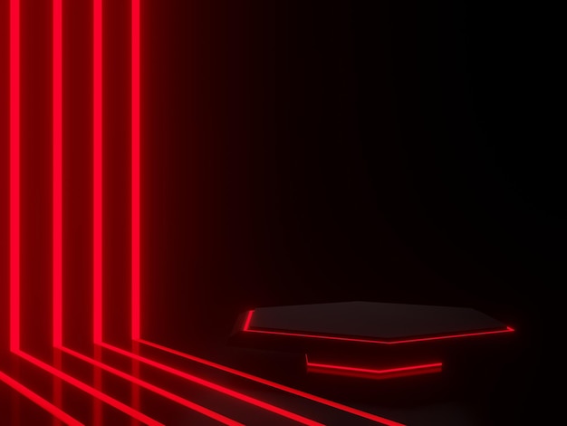 3D zwart podium met rode neonlichten