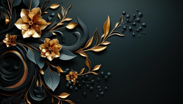 3d zwarte en gouden bloemen sierachtergrond generatieve AI