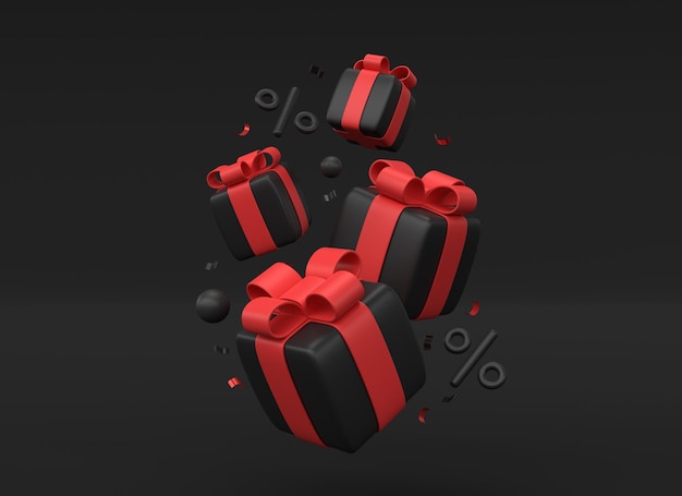 3d zwarte geschenkkistjes met rode strikken in het herfstpercentage icoon en confetti in een minimalistische realistische stijlbanner voor reclame verkoop voor zwarte vrijdag of nieuwjaar3d rendering
