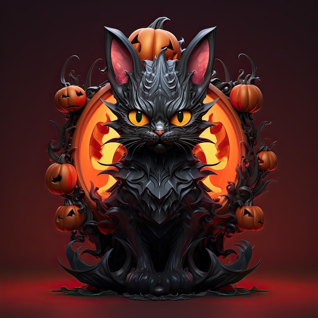 3d zwarte kat met halloween-thema pompoenvleermuis kleurrijke retro-stijl