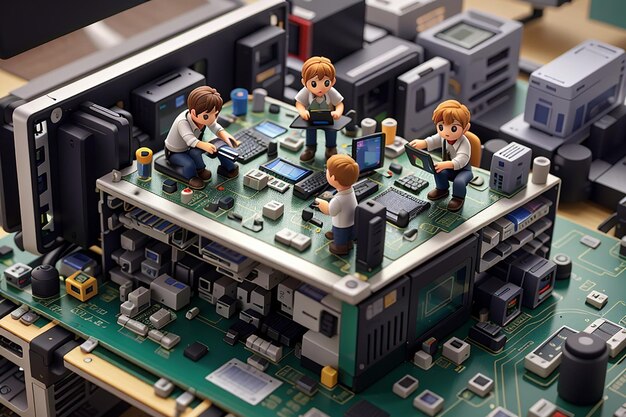 Photo 3danimation style tiny computer engineers on a computer motherboard