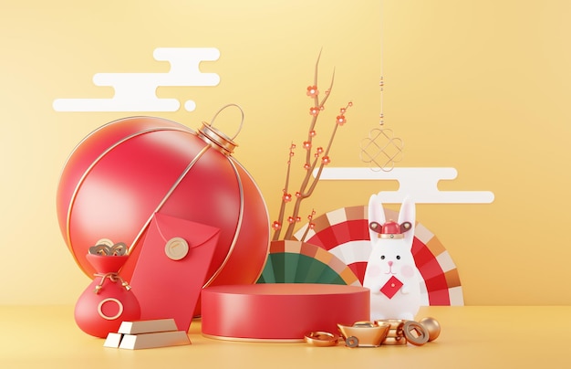 3DHappy Chinese new year 2023 with the year of Rabbit Traditional Podium Lunar new year background