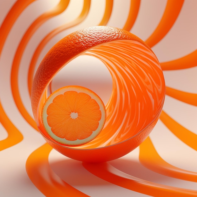 Foto 3dn ha reso un'arancia intera con la sua buccia arancione brillante su uno sfondo astratto