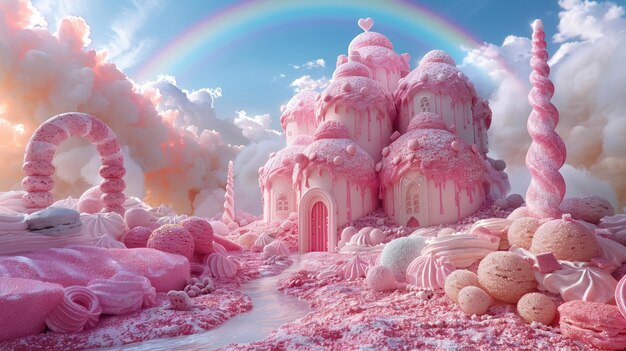 A 3Drendered cake castle under a rainbow with gumdrop gardens and licorice gates