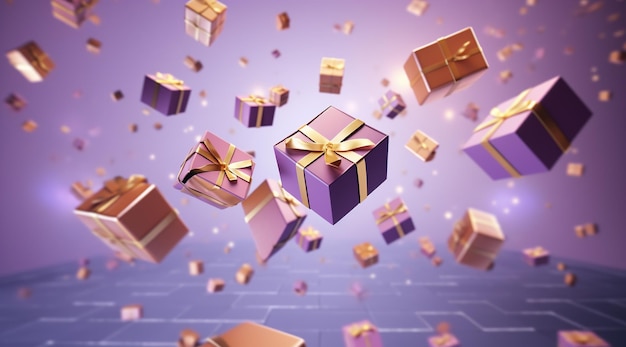Photo 3drendered celebrate festive purple and gold gift boxes floating in the air