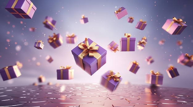 Photo 3drendered celebrate festive purple and gold gift boxes floating in the air