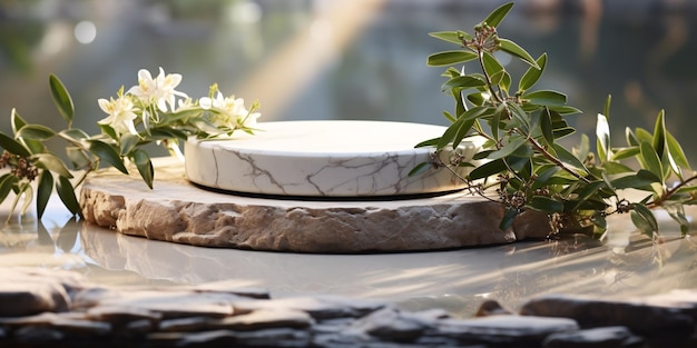 A 3Drendered cosmetic product stand set upon a white stone podium mirroring in the water with a backdrop of lush nature leaves