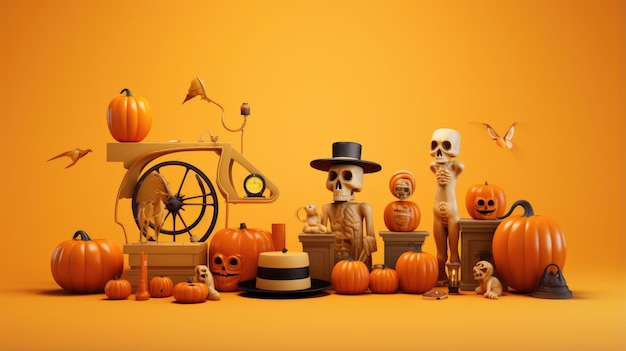 3drendered halloween objects on an orange background