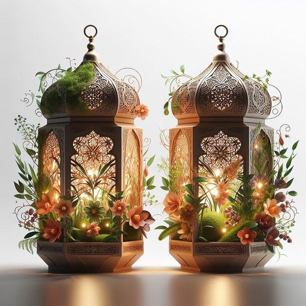 3DRendered Lantern Embedded with Floral Design Combining Natural Elements with Traditional Ramadan