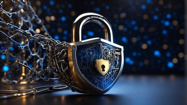 3Drendered metallic padlock over network of connections in black and blue background