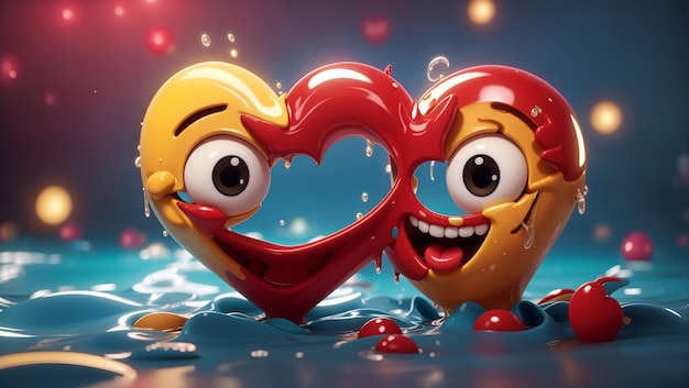 A 3Drendered smiley read heart cartoon face with a mischievous smirk splash background