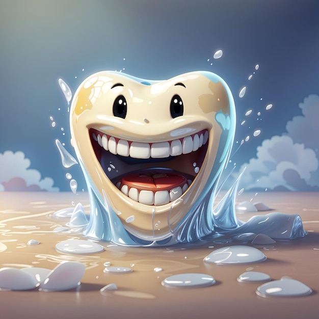 いたずらっぽい作り笑いのスプラッシュ背景を持つ 3Drendered スマイリー歯漫画の顔
