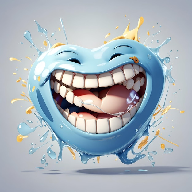 A 3Drendered smiley tooth cartoon face with a mischievous smirk splash background