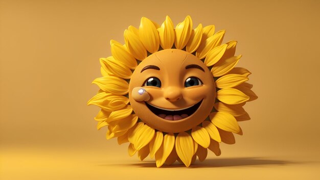 A 3Drendered sunflower smiley face with a mischievous smirk yellow background