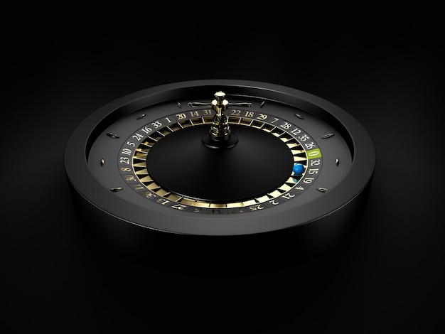 3drendering della ruota della roulette del casinò nero con una palla blu. nero isolato, percorso di residuo della potatura meccanica incluso.