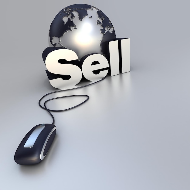 3Drendering of a world globe a computer mouse and the word sell in blue and silver