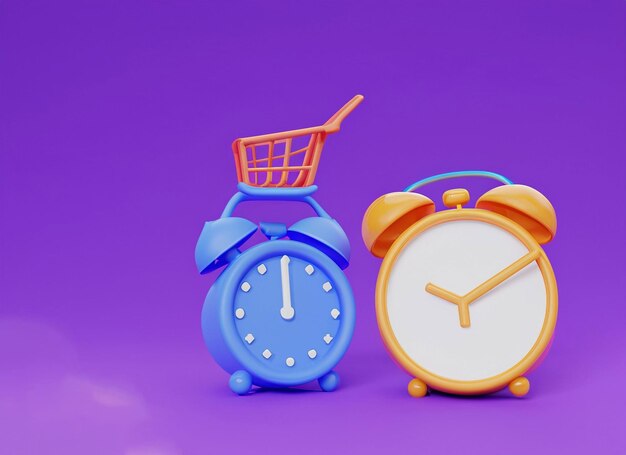 Photo 3dshopping themeincluding twinbellalarmclock on blue background