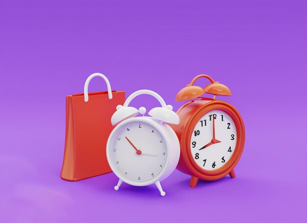 3dshopping themeincluding twinbellalarmclock on blue background