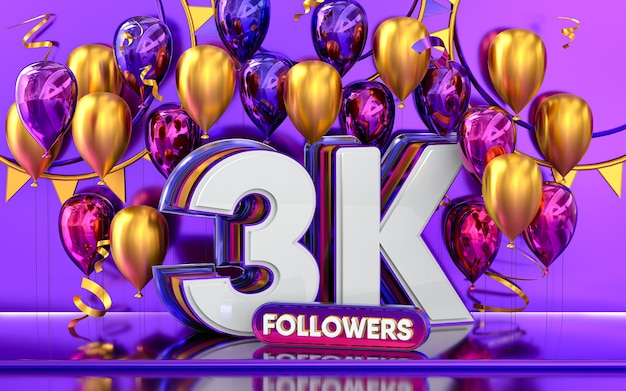 Foto 3k volgersviering bedankt social media banner met paarse en gouden ballon 3d-rendering