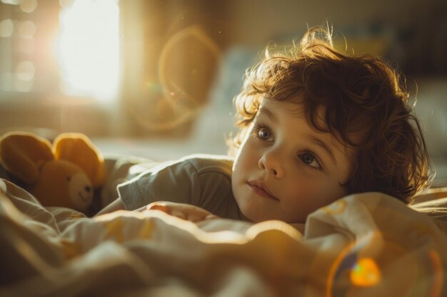 Photo a 3yearold child plays with toys in his room teddy bear toys construction set colored cubes