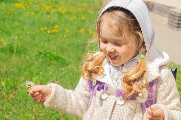 3-летняя девочка играет с одуванчиками весенним солнечным днем.