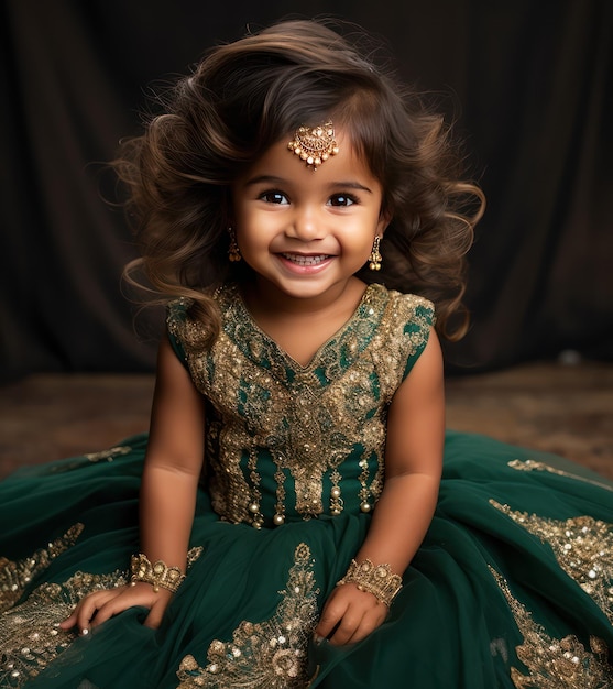 3YearOld Indian Princess in Emerald Green and Gold Lehenga Dress Resplendent Beauty