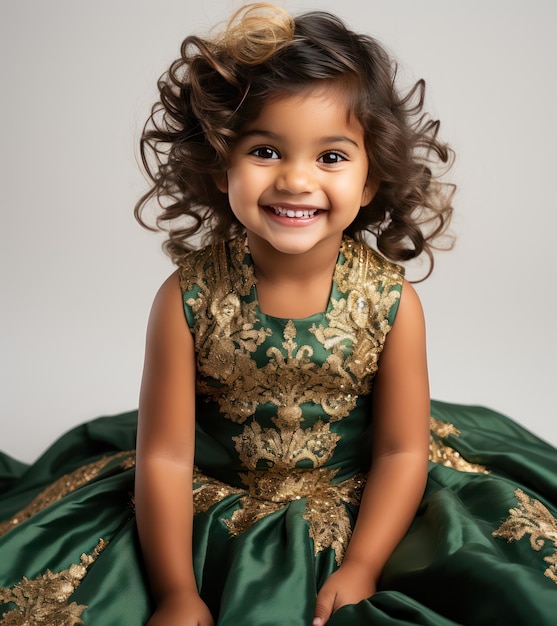 3YearOld Indian Princess in Emerald Green and Gold Lehenga Dress Resplendent Beauty