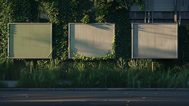 Фото 4 рекламных щита на улице на зеленой заросшей стене генеративный ии
