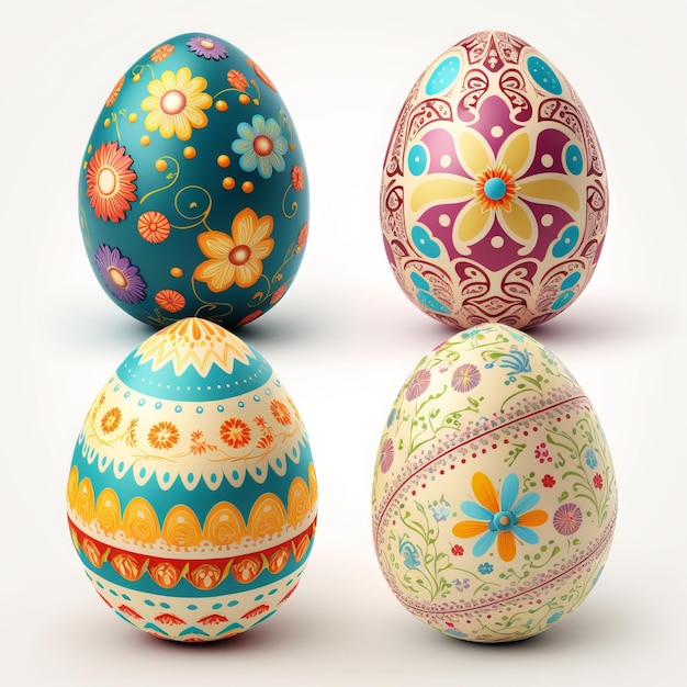 4 colorful painted decorated Easter eggs, white background