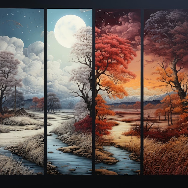 Photo 4 different scenes of winter spring summer and autumn each in a vertical panel
