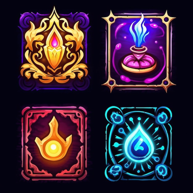 4 epic icons of different healing spells fantasy magic