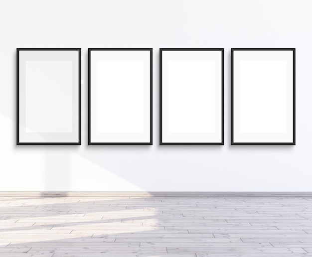 4 frames mock-up voor galerie muur op een lege witte muur 3D rendering