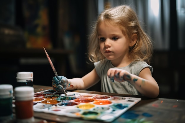 4-jarig blond meisje schildert met zijn handen Generatieve AI illustratie