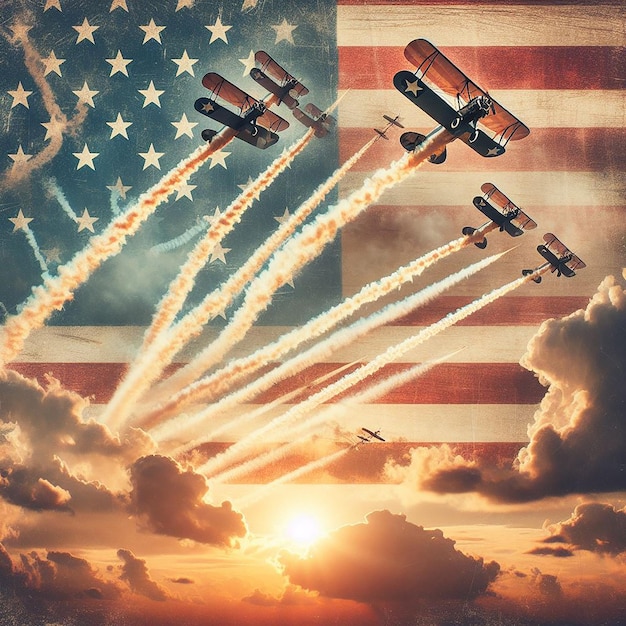 4 juli viering door vliegtuigen die in formatie vliegen met de Amerikaanse vlag op de achtergrond