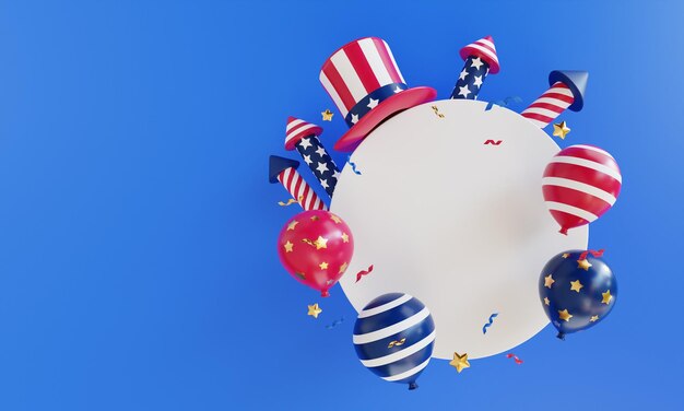 Foto 4 juli wit frame met amerikaanse hoed voetzoekers en ballonnen achtergrond