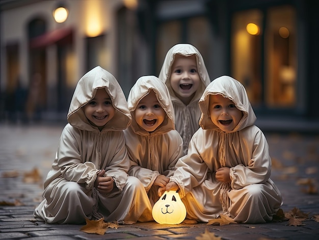 4 маленьких ребенка в милых костюмах призраков с празднованием хэллоуина