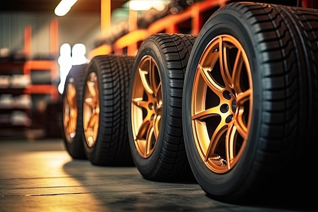 4 new tires that change tires in the auto repair service center blurred background the background is a new car in the stock Generative AI Technology