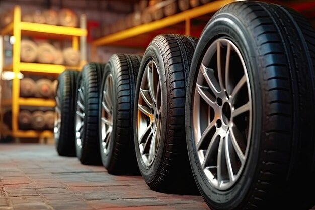 4 new tires that change tires in the auto repair service center blurred background the background is a new car in the stock Generative AI Technology